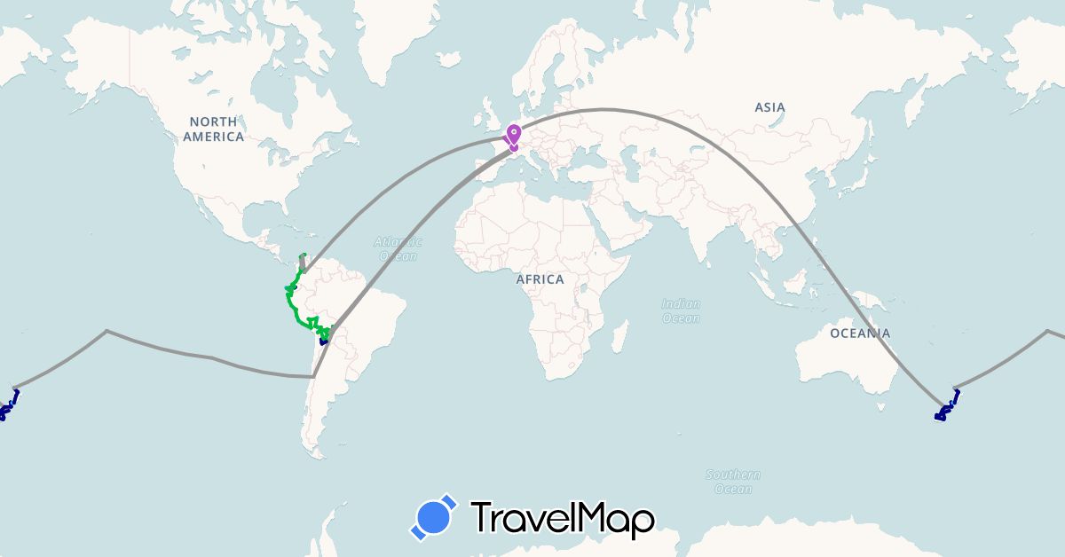 TravelMap itinerary: driving, bus, plane, cycling, train, hiking, boat in Bolivia, Chile, China, Colombia, Ecuador, France, New Zealand, Peru (Asia, Europe, Oceania, South America)